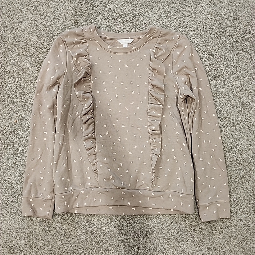 Lauren Conrad Large Tan And Pink Leaf Long Sleeve Sweater With Front Ruffles